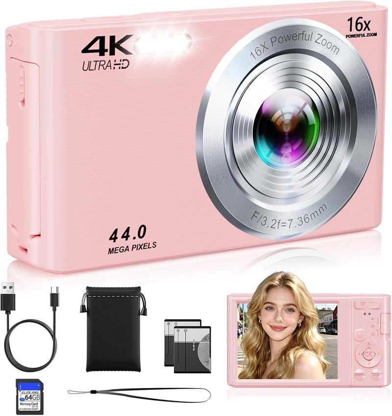 ceye Digital Camera, 2026 Upgraded FHD 4K Pink Digital Camera for Kids Teens Girls, Compact Cameras with 64GB Memory Card 2 Batteries, Small Portable Camera with 16X Autofocus Digital Zoom for Vlogging - Image 1